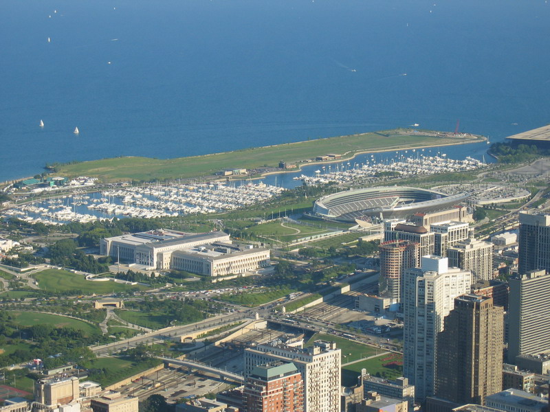 A close-up view of the Field Museum and Soldier Field.